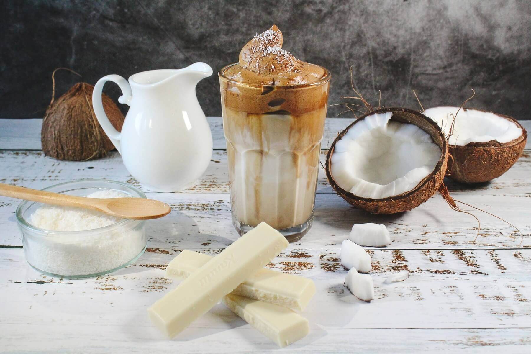 Dalgona coffee with fresh coconut milk and white chocolate